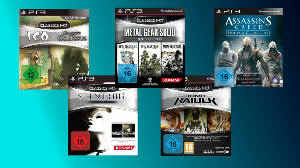 Collections PS3 avec Ico et Shadow of the Colossus, Silent Hill, Metal Gear Solid, Assassin's Creed Heritage et Tomb Raider Trilogy