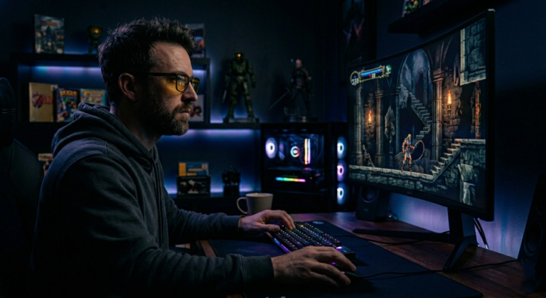 Joueur qui porte des lunettes gamers devant un écran de PC