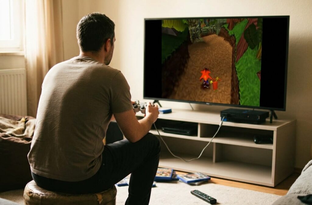 Mann spielt mit einem PS2-Controller an einem modernen Fernseher.